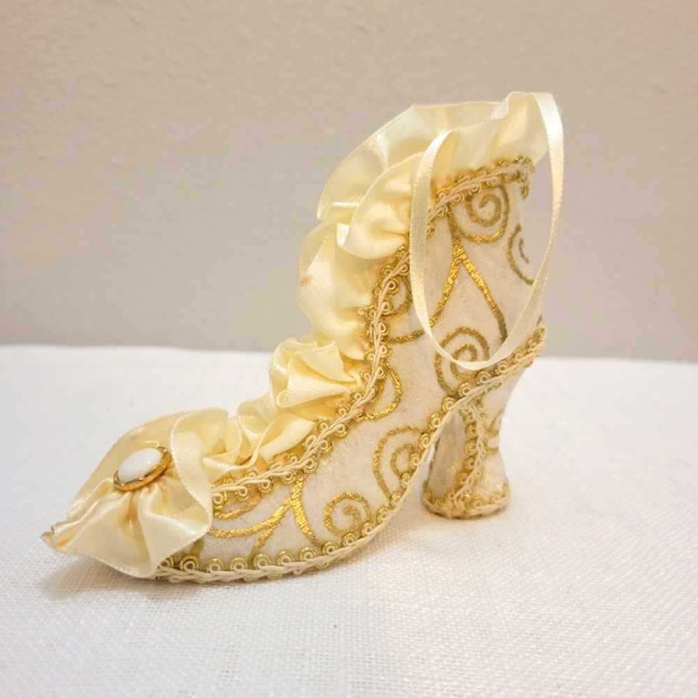 Elegant Cream and Gold Velvet Boot Victorian Ornament